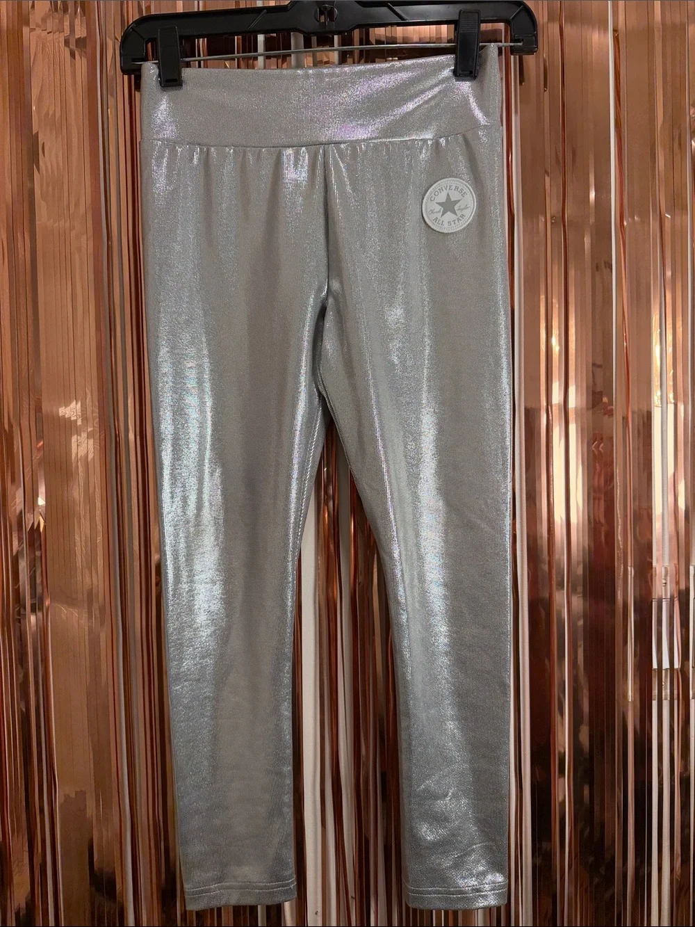 Converse Kids Silver Metallic Leggings Youth Medium 10/12 Shiny Stretch Pants